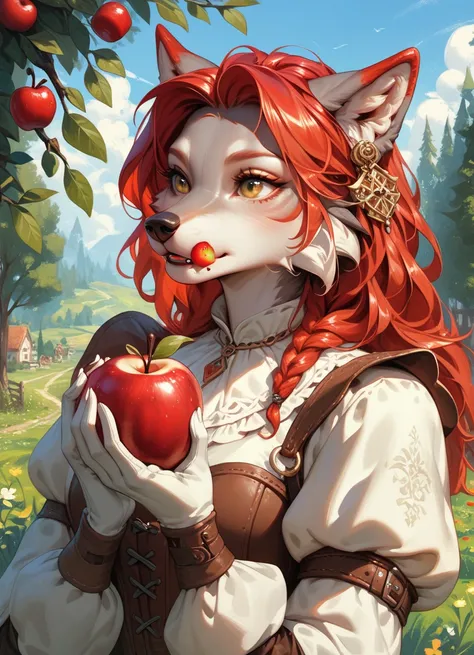 closeup photp of a red haired anthro wolf female, holding an apple, wearing medieval drees is eating a apple, wolf ears, wolf tail with white tip ,anthro,furry
