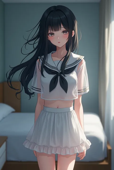 cool girl with long black hair
Shes staring at me with a sad expression
My legs are long
miniskirt
white sailor suit
Clothes are transparent
hotel room with bed