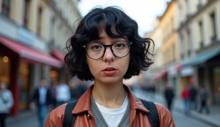 A realistic photo of a 20-year-old girl.  She has short curly black hair style "triangle top" ou "tri top". Does she wear a nerd or geek outfit.  She wears big round nerd glasses .  Her appearance suggests a nerdy personality , Insecure, sad and bored . It...