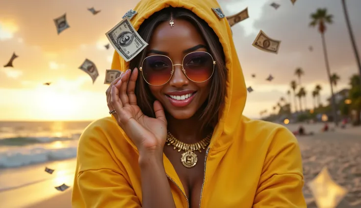 (1woman) a beautiful african american woman, full body view, wearing all yellow (hoodie), wearing gold jewelry, short bob hair style, reflective sunglasses, money falling all around, posing for camera, sunset, california beachy scene, HDR, 8k, ultra-detail...