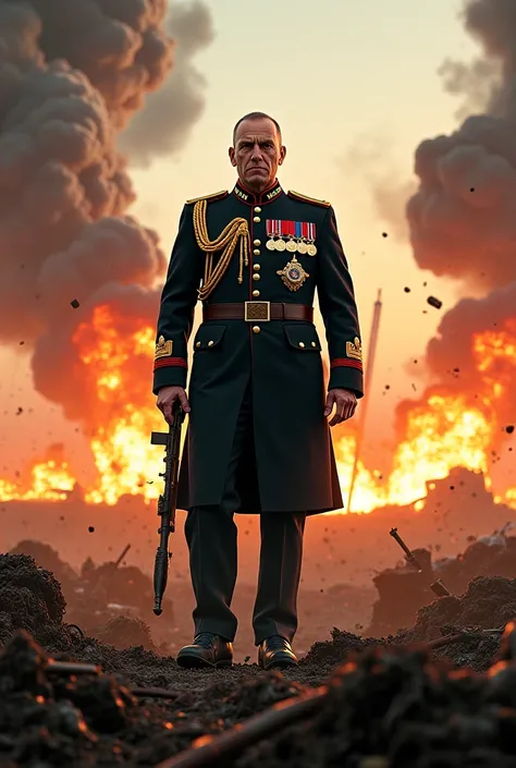  A colonel stands in the midst of fire and flames, War scene ,  explosions everywhere 