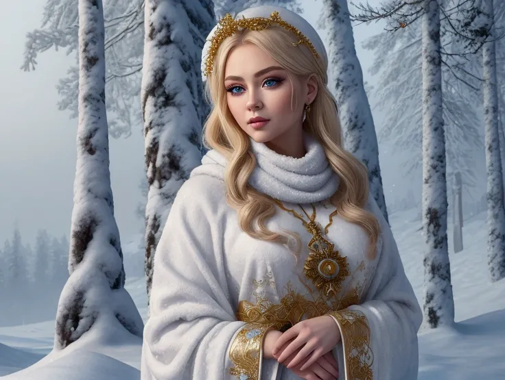  An incredibly beautiful blonde with big eyes and mega-lush black eyelashes,  sweet Snow Maiden in an old Russian caftan ,  embroidered with pearls ,  Vologda lace , and blue mink fur ,  in a rich winter kokoshnik on her head ,  decorated with ,  and holdi...