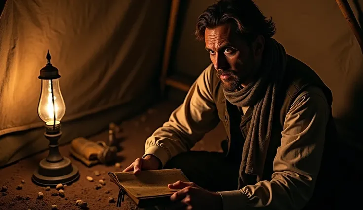 An archaeologist sitting alone in his dimly lit tent at night, 1930s, wearing a vest and scarf, the action shows him holding a journal with a worried expression as shadows dance on the fabric walls, the background shows an oil lamp flickering and excavatio...