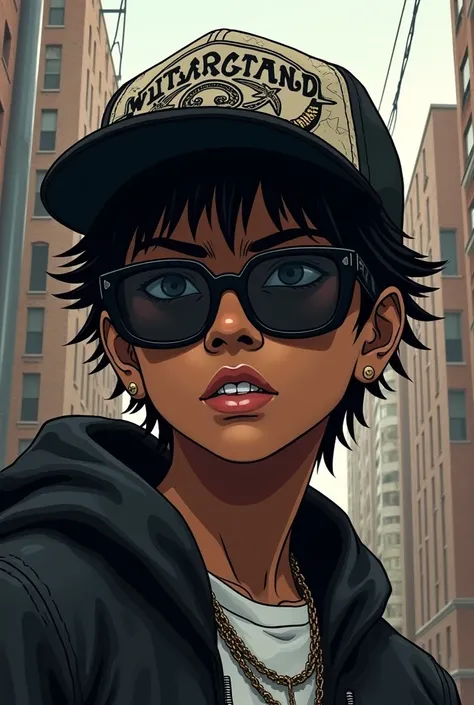 a radical black teenager wearing dark glasses and anime-style cap