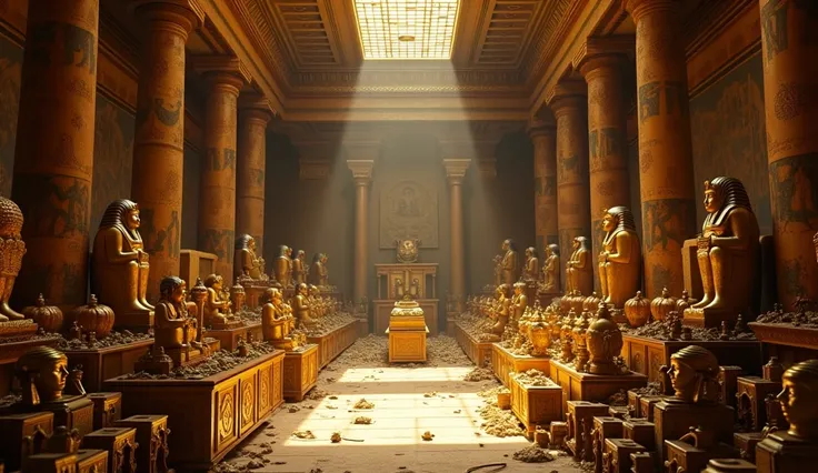 An expansive view of Tutankhamón’s burial treasures stacked haphazardly in a dimly lit chamber, ancient Egypt, featuring golden statues, alabaster jars, and an ornate throne, the background shows painted murals of Egyptian gods and a sense of eerie silence...