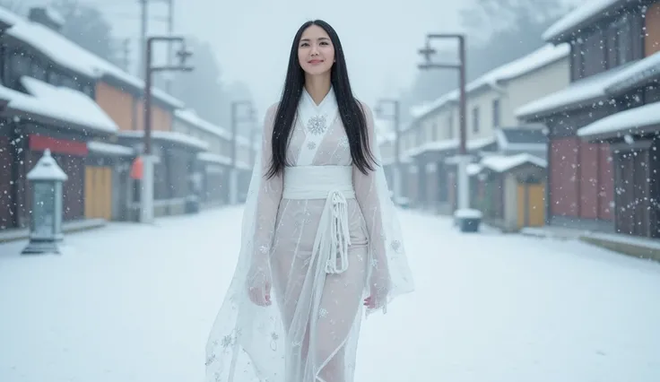 goddess Amaterasu walks in the garden, 
long straight black hair

woman walking smiling and looking at the snow falling from the sky

outfit: wearing an all-white kimono with details in white gemstones, white sparkles, 

background: woman walking in a snow...