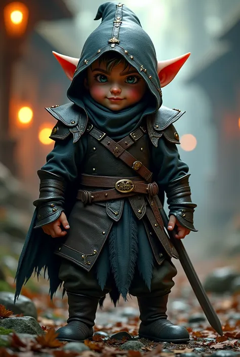 Masterpiece, Best Quality, 8K, Photographic Reality, Realistic, Dynamic Pose, dynamic fantasy lighting, Full Body Image of a cunning youthful male gnome in dark hooded leather armor