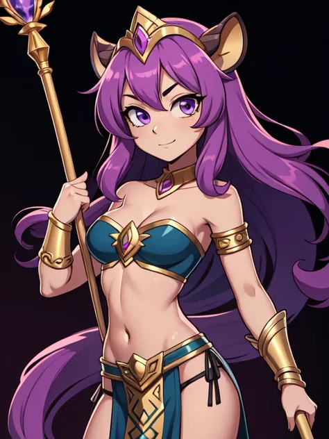 (best quality:1.3), (4K quality),masterpiece, best quality, high res, detailed, (Detailed face:1.2), (Detailed eyes:1.2), (Perfect figure:1.2), CARTOON, ANIME, CARTOON ARTSTYLE, 1girl, solo, wavy purple hair, purple eyes, tan-bronze skin, skin covered in p...