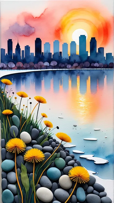 dandelions, sunset, city, winter, curved stains colors, relief pebbles art, multilayered watercolor, minimalism