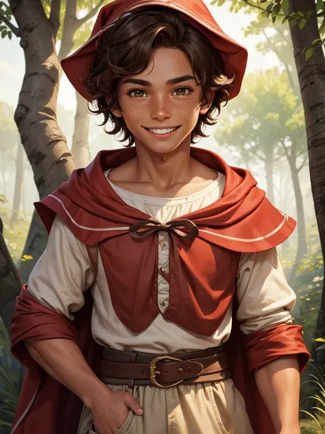 (best quality), 1boy, male, tanned skin, brown hair, short hair, wavy hair, hazel eyes, perfect eyes, freckles, Little Red Riding Hood, smile, boyish, masterpiece, anatomically correct, highres
