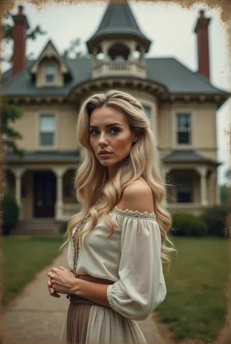 Portrait of a vibrant woman, with perfect face, makeup, blonde hair, wearing a yellow and black outfit, posing majestically in front of a charming victorian mansion, taken as an old photo, muted colors, faded edges, textured, grainy details, soft focus, gr...