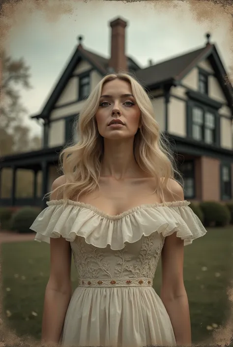 Portrait of a vibrant woman, with perfect face, makeup, blonde hair, wearing a yellow and black outfit, posing majestically in front of a charming victorian mansion, taken as an old photo, muted colors, faded edges, textured, grainy details, soft focus, gr...