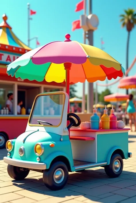  creates the realistic image of a cart similar to GOLF cars that has been adapted for sale of Sno cones and ice scrapings in front of an amusement park in a summer environment.  stands out the car with a beautifully colored parasol and the trolley with a t...