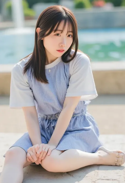   Japanese girl 、Sit by the fountain、    body is wet    、  has a blurry background  、  high image quality、sunlight、  off-shoulder skirt、  beautiful white skinned girl sitting by the fountain  、dirty long hair  、small crack 、glance、Clear Outline、 adult  、HD...