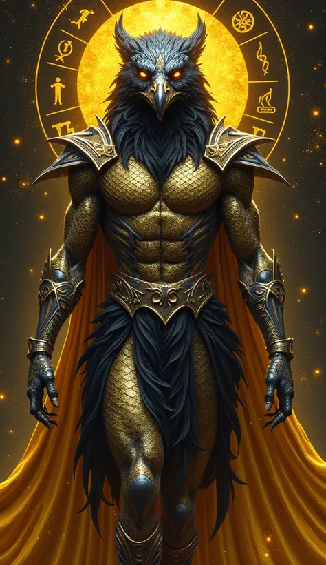  God full body from head to toe ,  mythological therian , man,  Human-raven hybrid , with a ravens head and lions claws .  Human body covered with silver scales . afro-gold skin ,  glowing human eyes . Coroa de gold.  Background with symbols of justice in ...