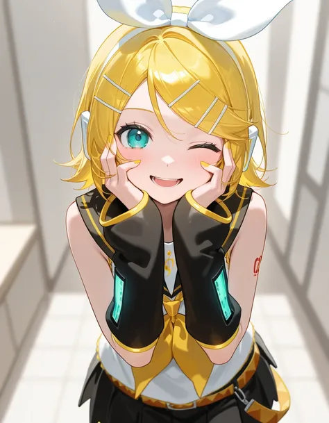 masterpiece,best quality , looking at viewer , Kagamine Rin , open mouth , skirt , standing , smile , hands on the face , wink 