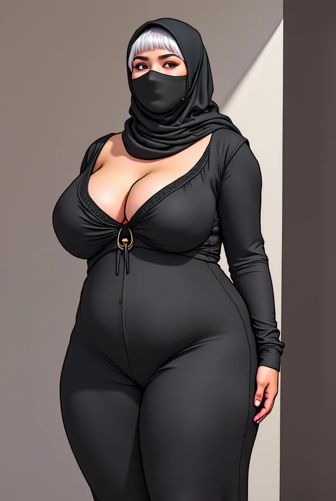 Lewdua style, Muslim woman, grey hair, black hijab, black veil, black burqa, big breasts, obese, fat ass, penis bulge