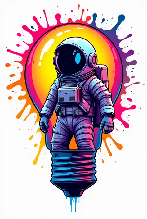 Logo for clothing brand that I have a bulb with splashes of paint and that inside the bulb there is a very creative and cute astronaut in neon colors