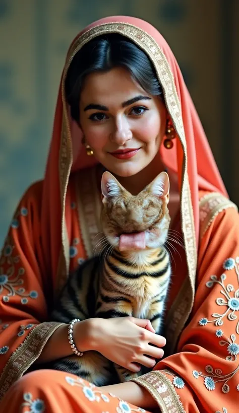 a woman with her pussy cat, pakistani traditional dress