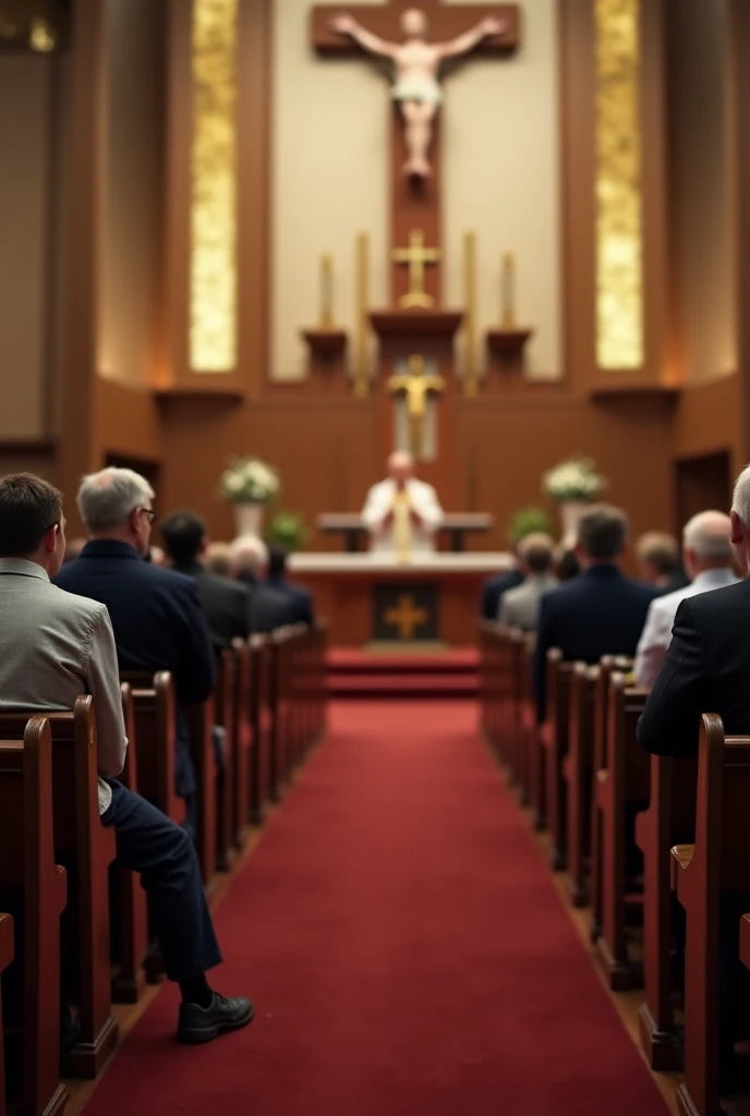 " A young man sitting next to his grandmother on a church bench ,  paying attention to the readings of the Bible . the reader,  in a wooden pulpit ,  proclaim the scriptures with clarification . The father,  in front of the assembly , Say the homily ,  usi...