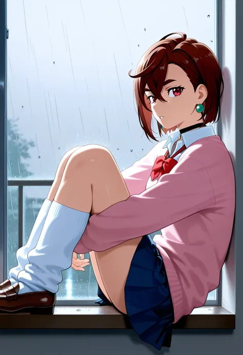 masterpiece, best quality, very aesthetic, ayase momo, dandadan, brown hair, short hair, hair between eyes, thick eyebrows, red eyes, looking at viewer, outfit_1, earrings, black choker, pink sweater, collared shirt, open collar, red bowtie, loose bowtie, ...