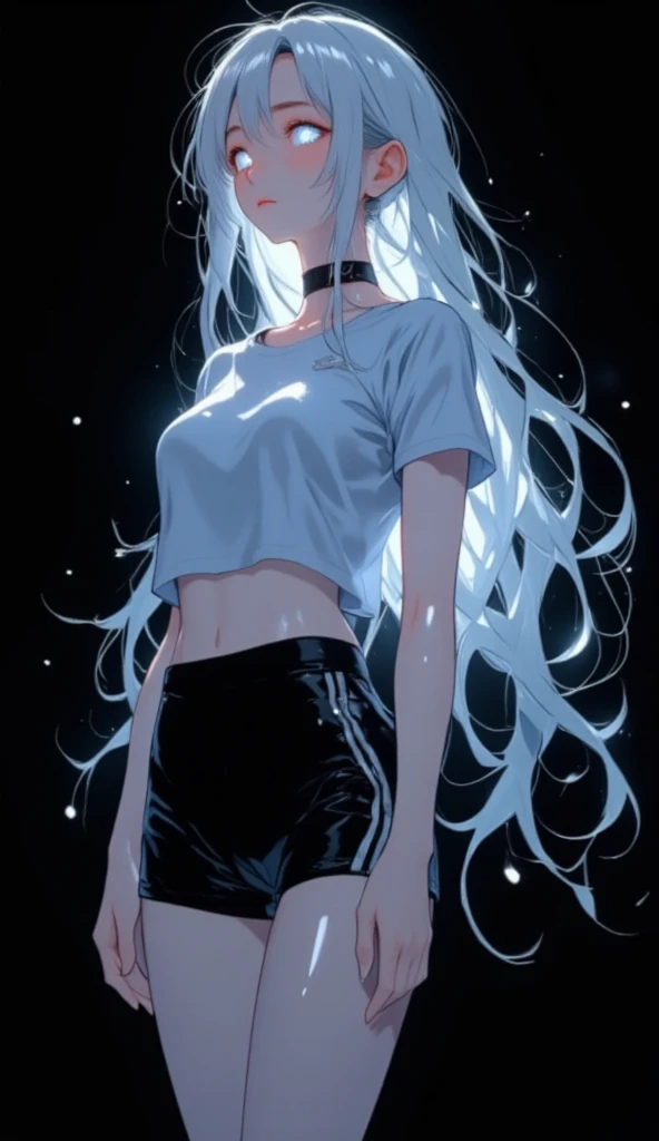 **Prompt detalhado para criação da imagem:**  

> A full-body portrait of a young Korean woman with an otherworldly appearance, standing against a solid black background. Her long, cascading white hair flows gracefully down to her feet, shimmering with a s...