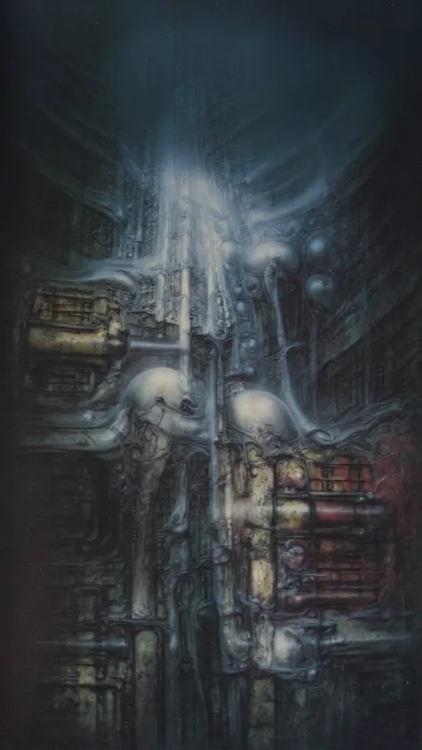 H. R. Gigers g1g3r, , Giger_style, H. R. Gigers g1g3r, , Giger_style, The image is a detailed view of H.R. Gigers " VAULT IV " plate, featuring ( A painting of (biological style scenery), (neoplasticism:liminal void:0.1),a machine inside of a building, die...