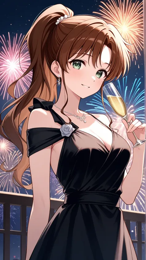  masterpiece,  best quality,  looking at the spectator, smile, 1 girl,  long hair,  brown hair , green eyes,  black dress,  holding champagne glass, fireworks background, Kino Makoto , night sky, elegant dress , elegant hairstyle