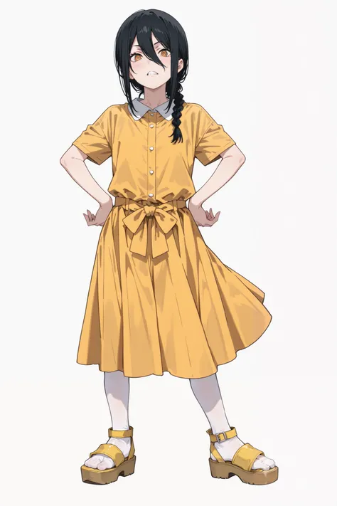 1girl, pochita (chainsaw man), chainsaw man, 1girl, nayuta (chainsaw man), chainsaw man, a cute  girl posing, white background, ((full body)), japanese, skirt, yellow dress , black hair, braid, looking at viewer, frong_view, (( full body)), posing with han...