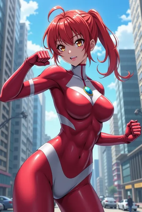   My Hero Academia Style   ,  anime girl , woman, young woman ,  Full Body Shots  ,(fighting pose:1.3), long hair, Red Hair,   brown eyes, hero suit,  full body suit,  red suit with white details, small round blue jewel in the center of the chest, Perfect ...