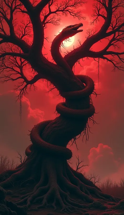 A tree is holding a snake in the rust entwined with the tree and the tree looks very scary red sky the tree looks like a snake