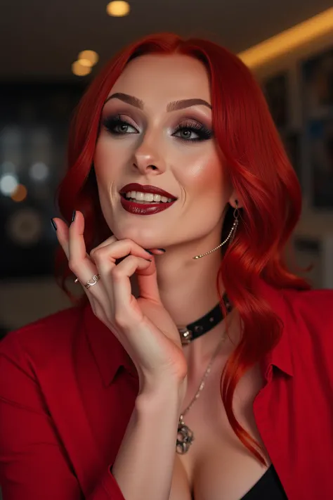 nude, hyper realistic, real photograph, hand on chin, intricate details, eight real fingers, ultra detailed face, beautiful, sexy, gorgeous, female model, sexy smile, necklace, red jacket, red hair, black eye shadow, ear rings, ultra realistic, ultra high ...