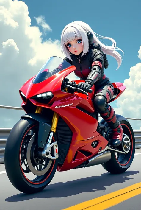 White-haired anime girl with protection for motorcyclists and winged sniper of a 2023 Ducati Panigale v4r