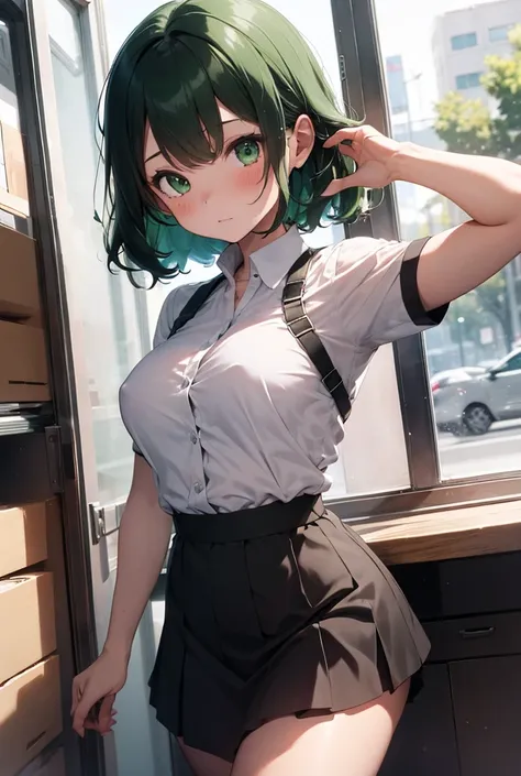 Beautiful girl,  short stature,  light green hair ,  Curly hair,  short hair,  green eyes, sharp look, small blush , B cup breast, caderas anchas, formal top black , Velvet, Look at it ,  with a white buttoned t-shirt that somehow lined up with the buttons...