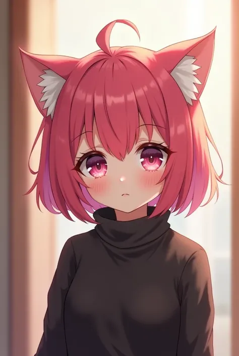  Anime girl with short hot pink hair, white cat ears and black sweater 