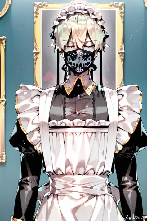 1boy, male focus, short blonde hair, black face mask with golden trim on the sides, maid, maid cap, maid apron, goth fashion, facing viewer, masterpiece, fine details, breathtaking artwork, high quality, 8k, high resolution, artist(ReDrop)