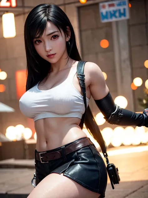 (Photorealistic: 1.4), top quality, very delicate and beautiful, high resolution, 1girl, tifa_lockhart, smile, cowboy shot, suspenders, low rise, mini skirt, tank top, tense shirt, black hair, long hair, elbow gloves, beautiful detailed red eyes, face ligh...