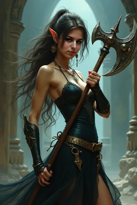 Luis Royo-style drawing ,  beautiful girl in a tight dress with a big axe