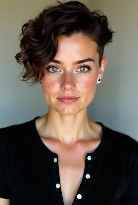  Create an image: Create the image of a white woman , 25 years old,  green and small eyes , sharp nose, plump lips,  freckles all over the face more concentrated on the nose ,  short hair in the side cut shaved pixie ,  wavy dark brown hair ,  black button...