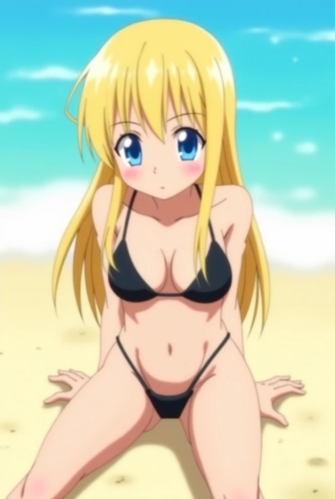 Screenshot from the anime Tokyo Revengers, a woman with long straight blonde hair ,  with straight bangs ,  tall and with blue eyes and arrogant eyes dressed in a two-piece black swimsuit. , on a beach lying on the sand  ,with a strong attitude  ,anime 