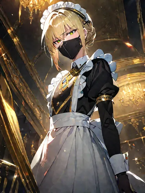 1boy, male focus, short blonde hair, black face mask with golden trim on the sides, maid, maid cap, maid apron, facing viewer, masterpiece, fine details, breathtaking artwork, high quality, 8k, high resolution, artist(ReDrop)