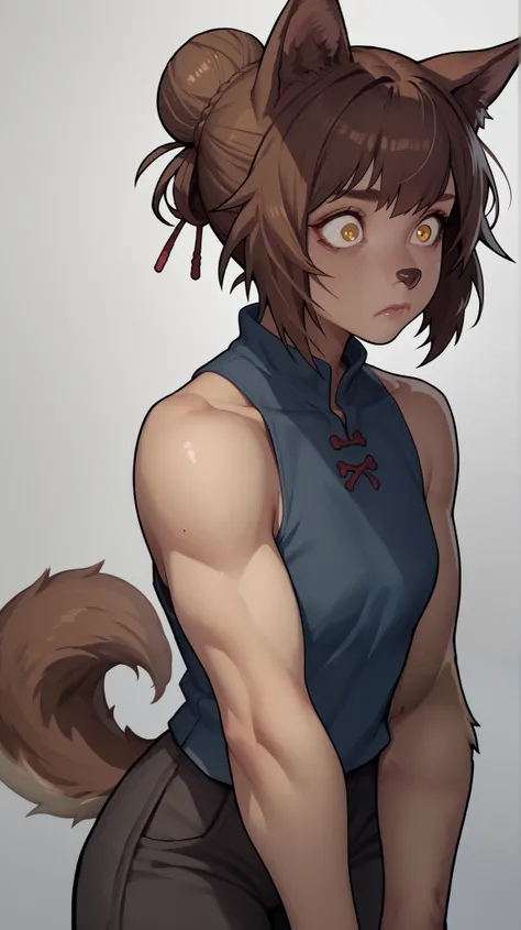 (zPDXL2), (PonyXLV6_Scores), Expressiveh, full body, BREAK
lhata4564, d3t41l3d, 
1girl, solo, short hair, bangs, brown hair, animal ears, tail, yellow eyes, sidelocks, sleeveless, hair bun, single hair bun, dog ears, wolf tail, furry, dog tail, wide-eyed, ...