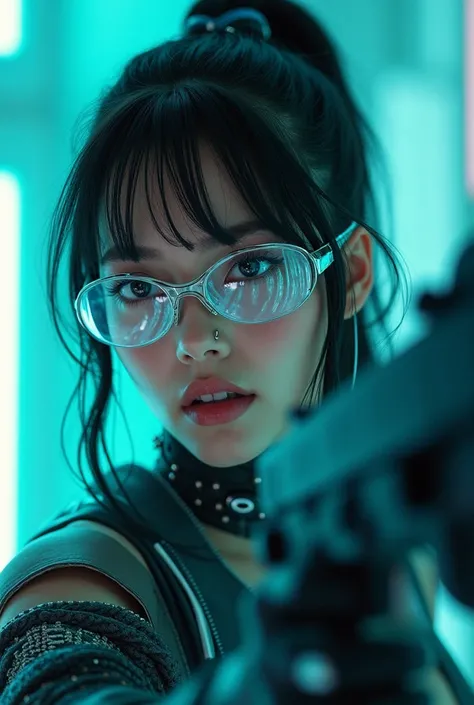 a beautiful young Caucasian woman is wearing metal for the futurist, cyberpunk, futuristic technology, and girls holding weapons in dazzling colors, wearing science fiction glasses, in the style of yuumei, light turquoise and light silver, waist shot, 8k r...