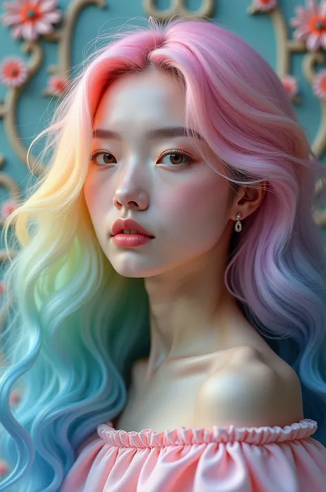 8k quality, masterpiece, ((Ultra detailed background, Intricate details)), best quality, Intricate details, Chromatic Aberration, woman, pastel rainbow hair