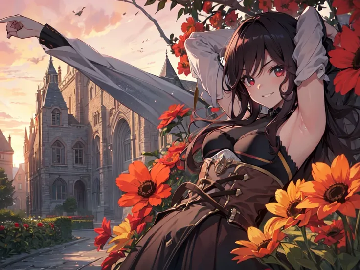 (Solo:2),(Fanart for PC Wallpaper), (Staring at chest), Horse ears, Arms crossed and showing armpits, Armpit emphasis. Makeup, Smiling showing gums, Chin on arm, Black hair, ((Red flower bed)), (Red sky), Inside castle walls, Wind blowing, Anime, UHD, Reti...