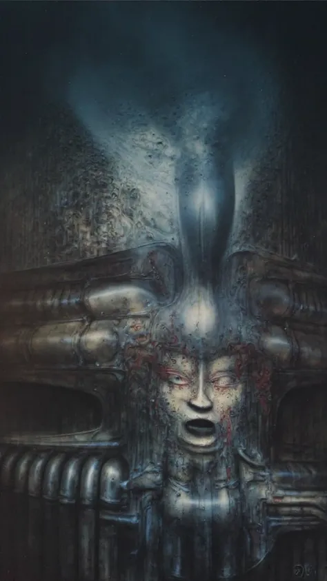 H. R. Gigers g1g3r, , Giger_style, H. R. Gigers g1g3r, , Giger_style, The image is a detailed view of H.R. Gigers " VAULT IV " plate, featuring ( A painting of (biological style scenery), (neoplasticism:liminal void:0.1),a machine inside of a building, die...