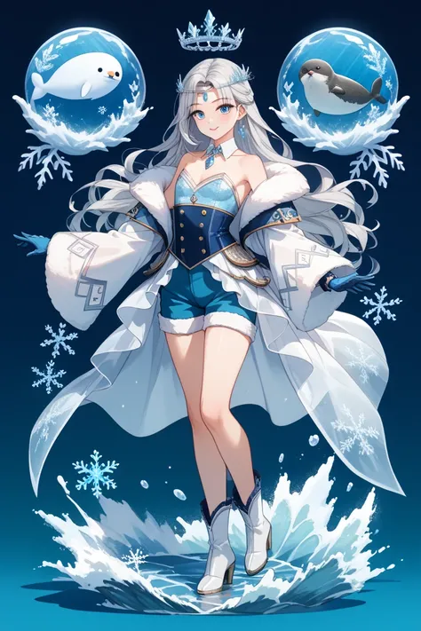 full body, femboy, fully clothed, An illustration, (masterpiece、最high quality、high quality), pure white background, Character design, Character sheet, seal, A flowing, translucent cape made of shimmering, icy fabric that resembles frost or frozen waves. Ed...