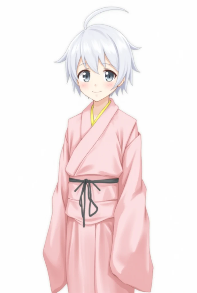 Make a cute anime character using a yukata, He must appear with a smile . the background has to be white. Must have gray eyes ,  medium white hair split in the middle and have a good height. Furthermore, Must be male .