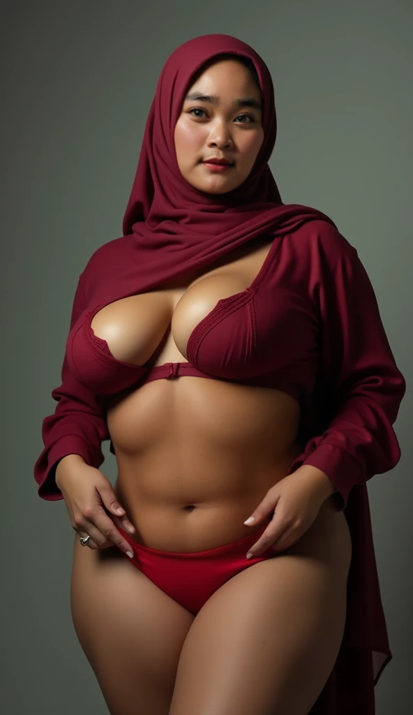 45 years old, hijab indonesian  ,wearing red thong model panties,fat body, big butt, bulging round breasts ,very thick lips ,beautiful eyes,  pose standing staring at the camera ,  both hands are on his hips. 