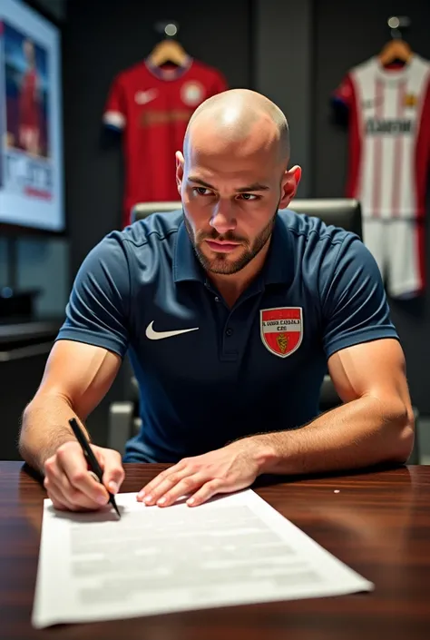 Create an image of a bald soccer player signing a new contract with a club while wearing the club’s kit